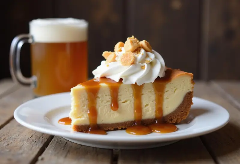 Indulging in the finished Harry Potter Decadent Deep-Dish Butterbeer Cheesecake, featuring a luscious slice with caramel, whipped cream, and a magical butterbeer-themed setting.