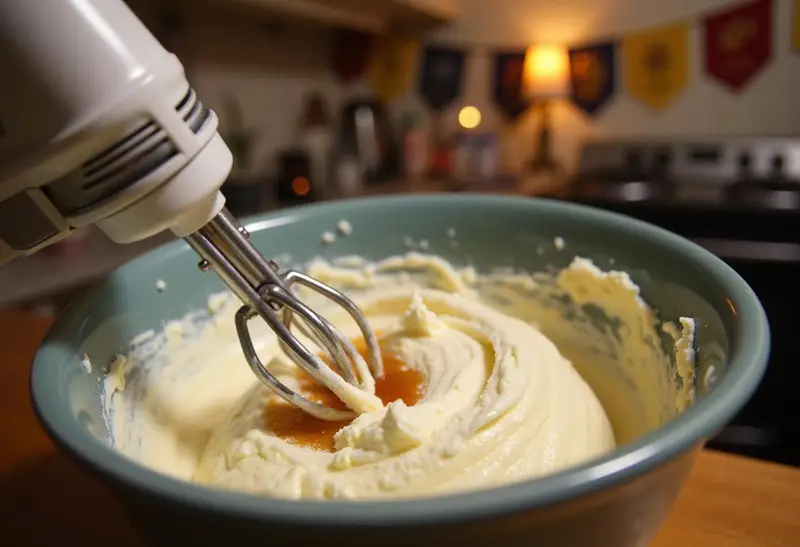 Delicious Harry Potter Decadent Deep-Dish Butterbeer Cheesecake ingredients including cream cheese, sugar, and vanilla extract blended together in a mixing bowl.