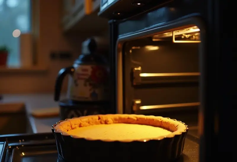 Baking the Harry Potter Decadent Deep-Dish Butterbeer Cheesecake in the oven, highlighting the anticipation of a magical dessert.
