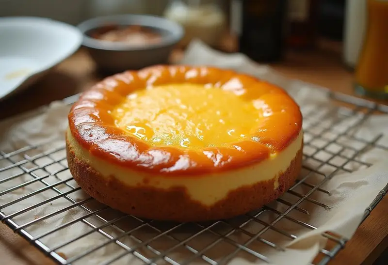 Cooling down the freshly baked Harry Potter Decadent Deep-Dish Butterbeer Cheesecake, showcasing its delicious golden top and homemade kitchen atmosphere.