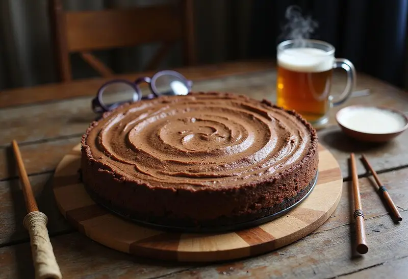 A magnificent Harry Potter Decadent Deep-Dish Butterbeer Cheesecake served at a whimsical gathering, perfect for any fan of the wizarding world.