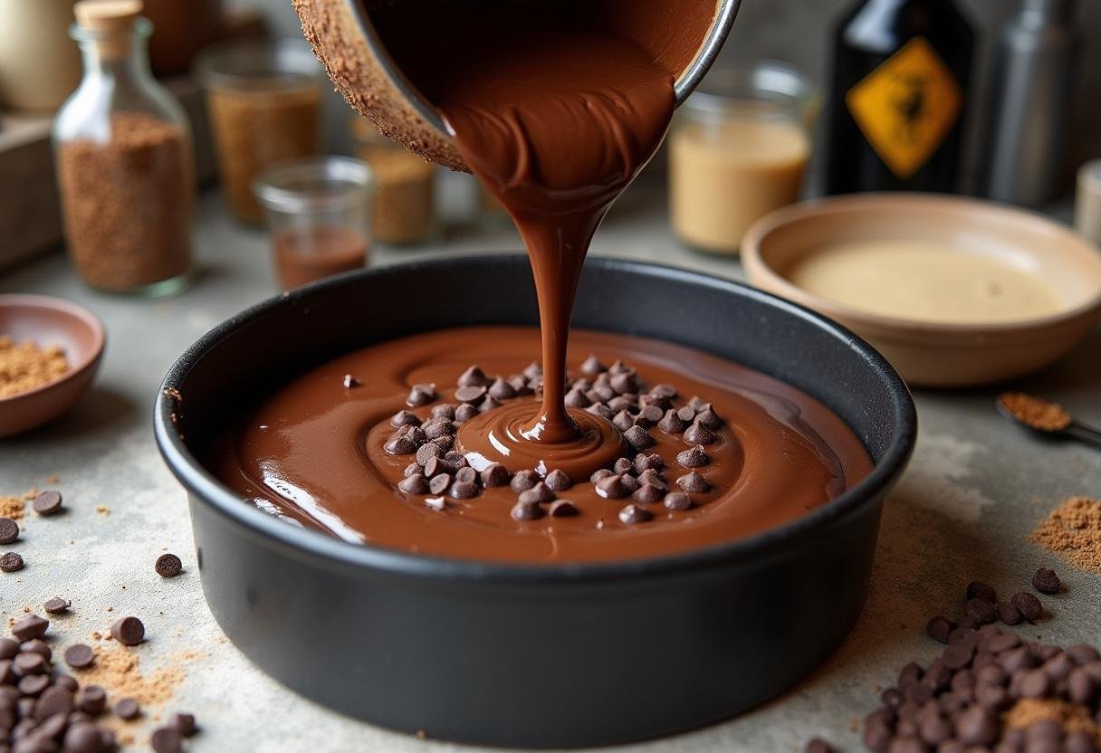 Pouring a delicious chocolate batter into a springform pan, ideal for a Harry Potter Double Chocolate Butterbeer Cheesecake with magical flavors.