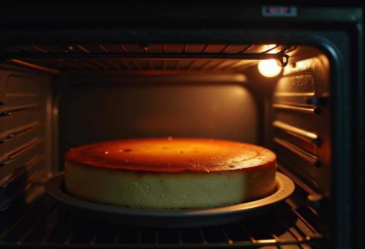 A bubbling cheesecake in the oven, ready to be transformed into a Harry Potter-inspired Double Chocolate Butterbeer Cheesecake treat.