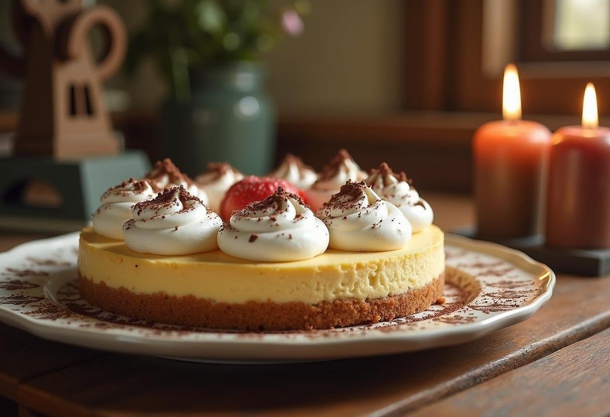 A stunningly chilled Harry Potter Double Chocolate Butterbeer Cheesecake topped with whipped cream and chocolate shavings, showcasing a magical dessert experience.