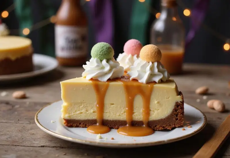 Final presentation of Harry Potter Exploding Bonbons Butterbeer Cheesecake slice with whipped cream and bonbons on a rustic wooden table, showcasing the enchanting dessert.