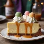 Final presentation of Harry Potter Exploding Bonbons Butterbeer Cheesecake slice with whipped cream and bonbons on a rustic wooden table, showcasing the enchanting dessert.
