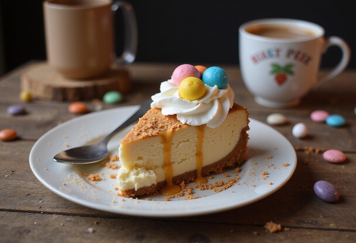 Final presentation of Harry Potter Exploding Bonbons Butterbeer Cheesecake slice with whipped cream and bonbons on a rustic wooden table, showcasing the enchanting dessert.