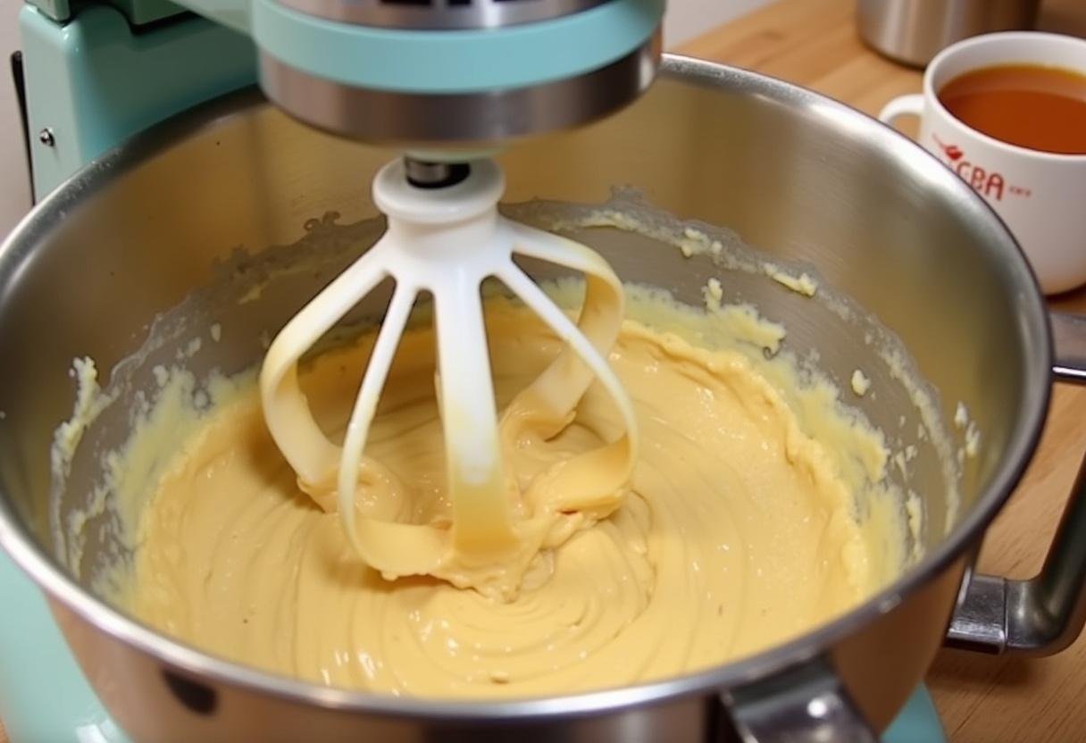 Mixing cream cheese and sugar for Butterbeer cheesecake inspired by Harry Potter, with a measuring cup of butterbeer at the side.