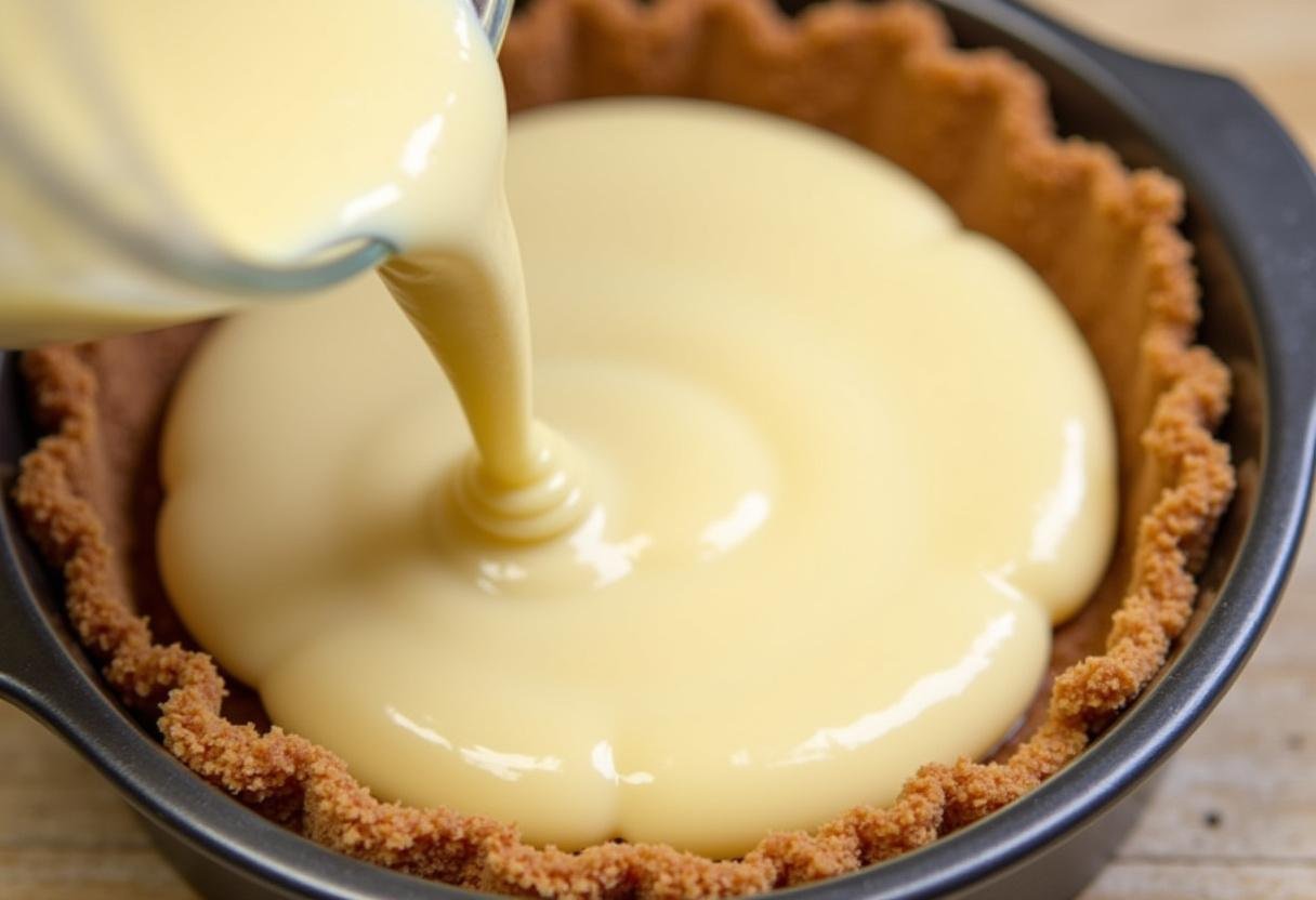 Pouring cheesecake batter over a graham cracker crust for Harry Potter Exploding Bonbons Butterbeer Cheesecake, capturing the anticipation of baking.