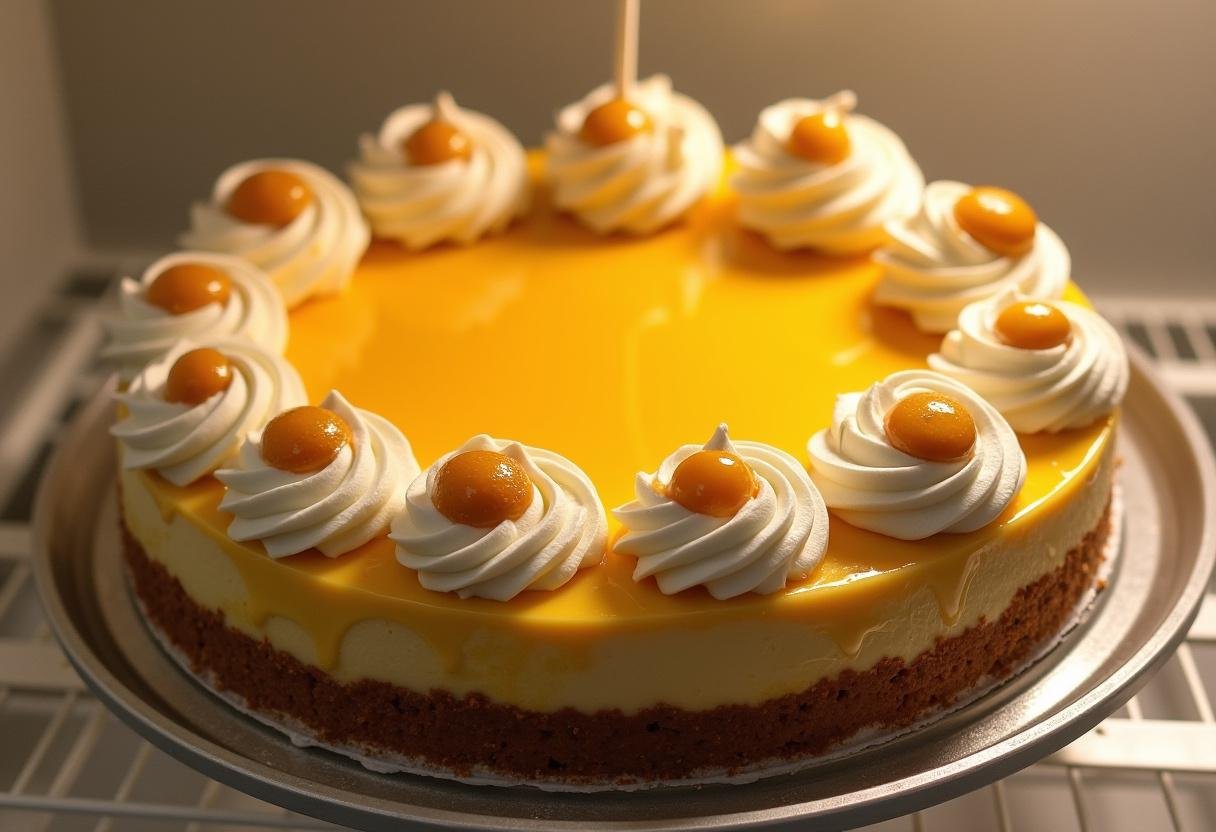 Cooling Butterbeer cheesecake in the refrigerator, alongside bonbons and whipped cream, for a delicious Harry Potter-inspired dessert.