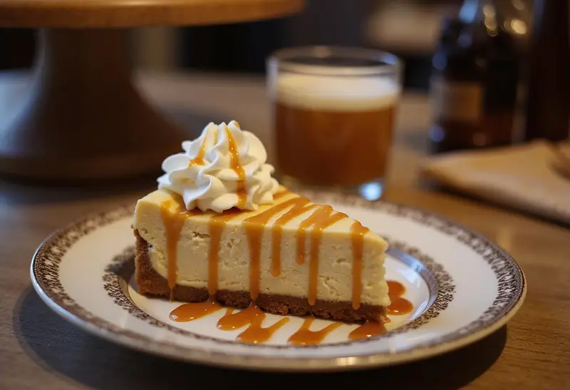 Delicious slice of Harry Potter Gluten-Free Butterbeer Cheesecake beautifully presented on a plate.