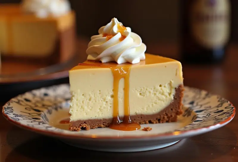 Delicious slice of Harry Potter Gluten-Free Butterbeer Cheesecake beautifully presented on a plate.