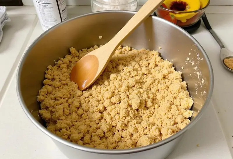 Making the crust for Harry Potter Gluten-Free Butterbeer Cheesecake with graham cracker crumbs and melted butter.