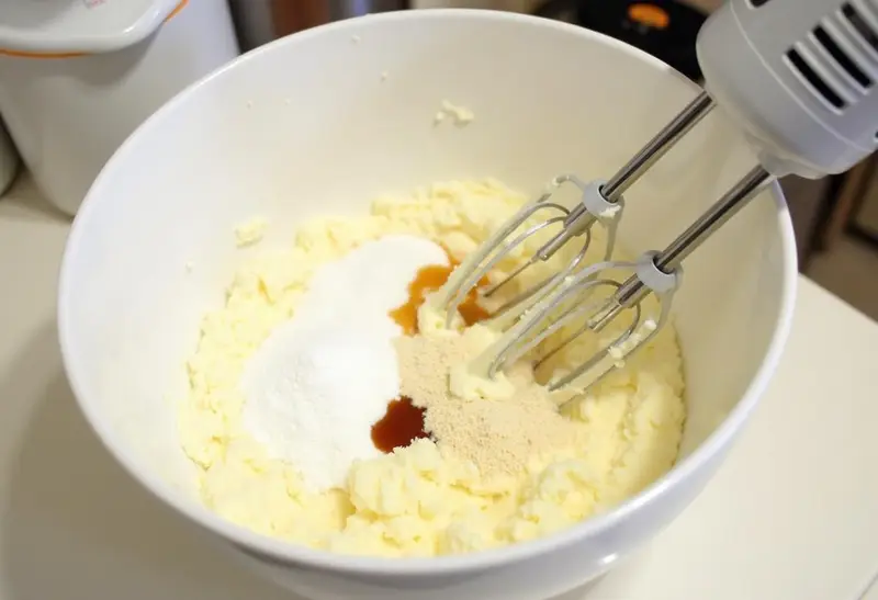 Mixing cream cheese and sugar for Harry Potter Gluten-Free Butterbeer Cheesecake filling in a bright kitchen.