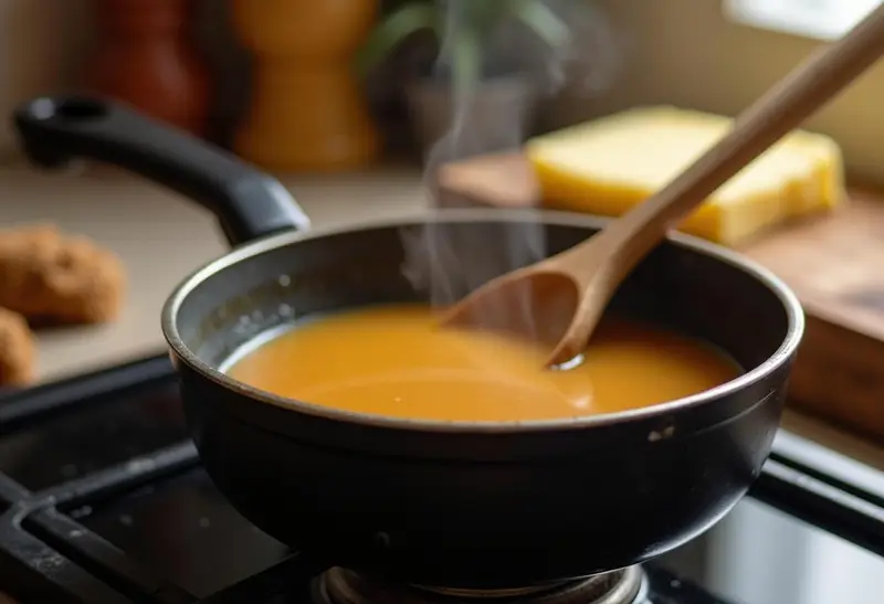 Cooking butterscotch sauce for Harry Potter Gluten-Free Butterbeer Cheesecake, highlighting the delicious aroma.