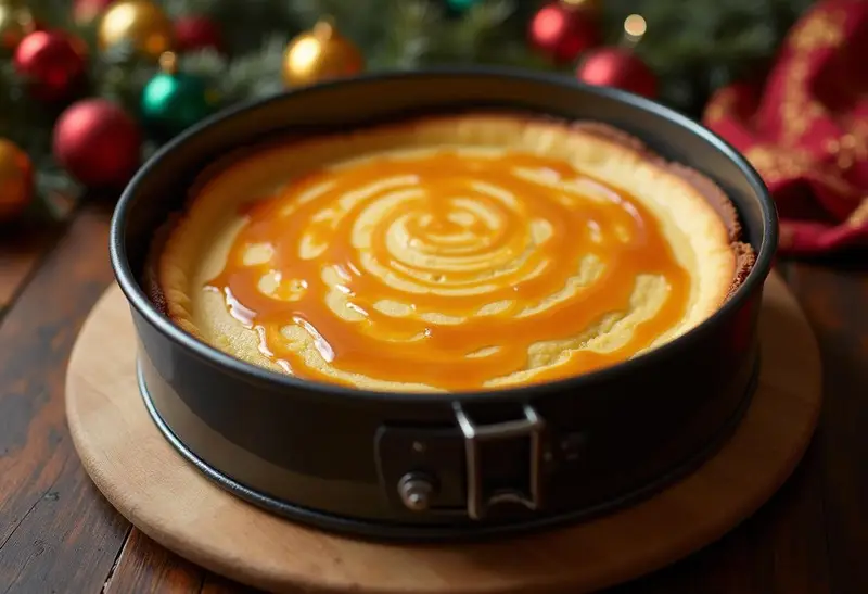 Layering the Harry Potter Gluten-Free Butterbeer Cheesecake with butterscotch sauce ready for serving.