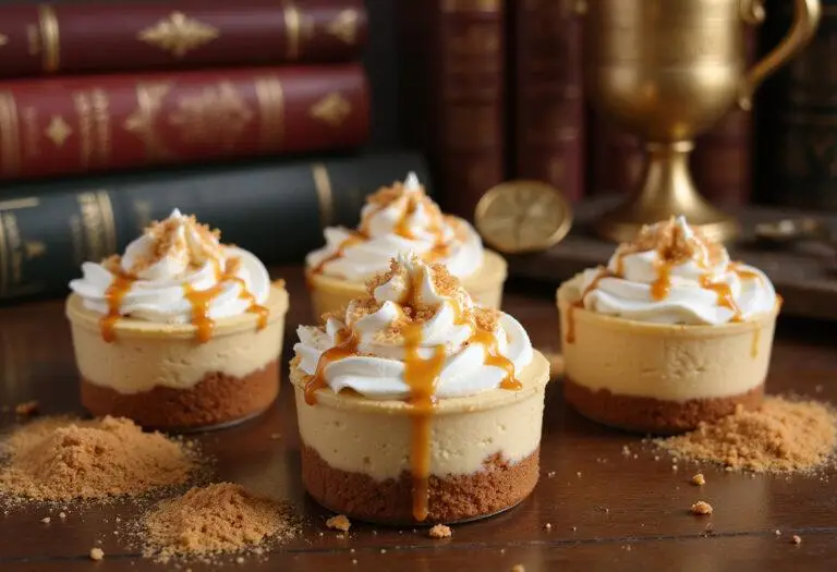 Final presentation of Harry Potter Individual Butterbeer Cheesecake Cups, a delicious and magical dessert inspired by the wizarding world.