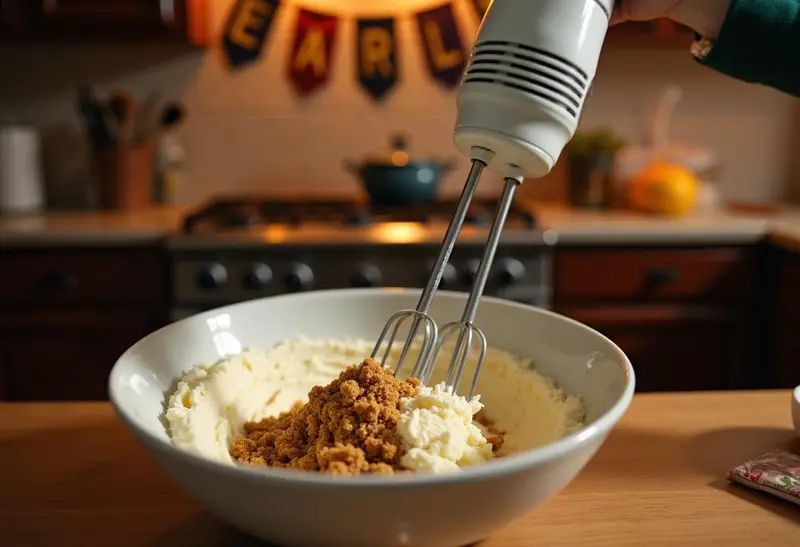 Mixing cream cheese and brown sugar for Harry Potter Individual Butterbeer Cheesecake Cups, magical baking atmosphere with cozy lighting.