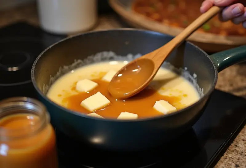 Making butterscotch sauce for Harry Potter Individual Butterbeer Cheesecake Cups, with heavy cream and a whisk in a warm kitchen setting.