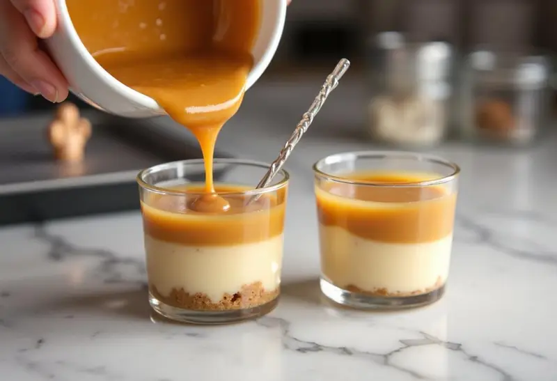 Layering the cheesecake mixture for Harry Potter Individual Butterbeer Cheesecake Cups in magical themed kitchen, showcasing sweet treats.