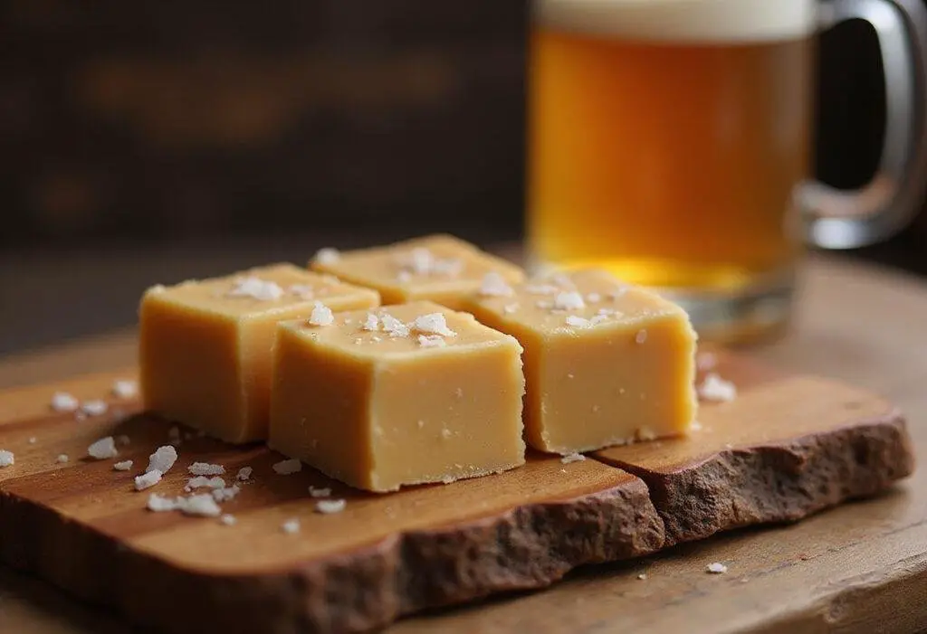 Delicious Hogsmeade Butterbeer Fudge with Sea Salt Flakes displayed invitingly, inspired by the magical world of butterbeer.