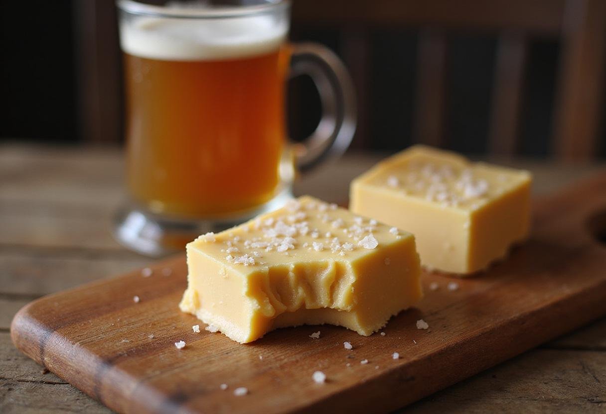 Delicious Hogsmeade Butterbeer Fudge with Sea Salt Flakes displayed invitingly, inspired by the magical world of butterbeer.