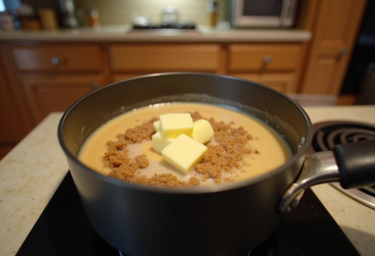 Ingredients for Hogsmeade Butterbeer Fudge melting in a saucepan, showcasing the cozy kitchen atmosphere.