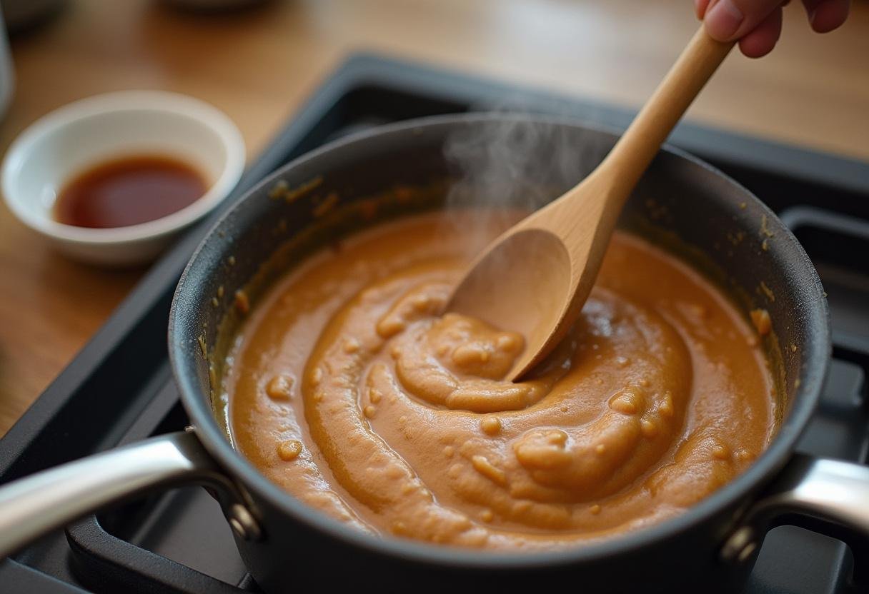 Stirring the melted fudge mixture for Hogsmeade Butterbeer Fudge with vanilla extract prepared nearby.