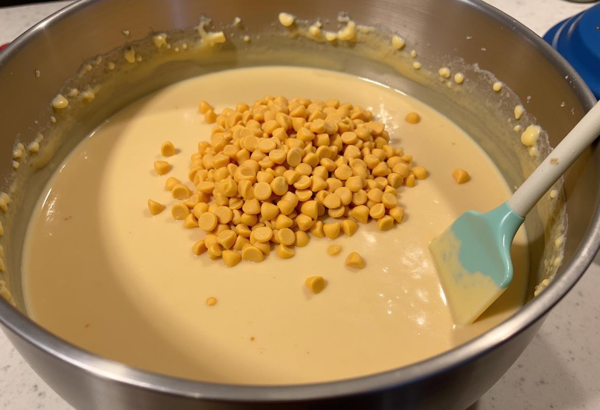 Combining butterscotch chips into the mixture for Hogsmeade Butterbeer Fudge before pouring it into a pan.
