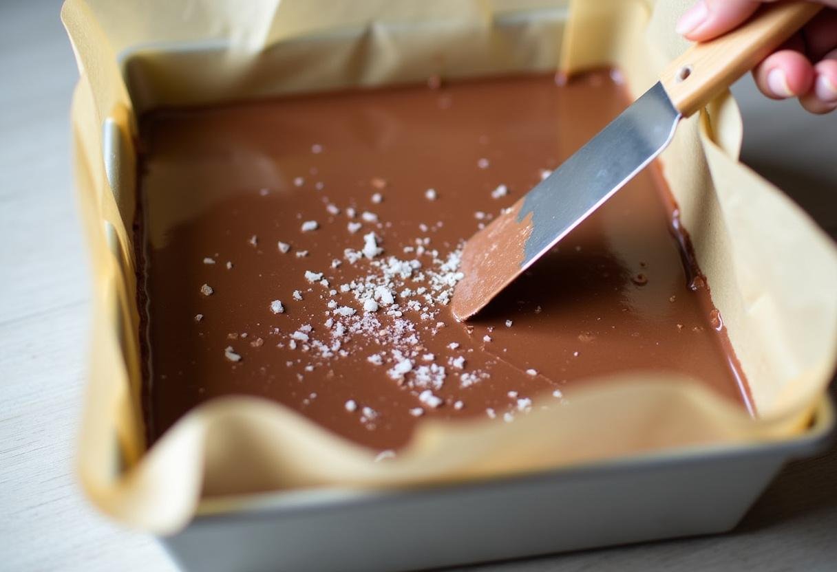 Pouring and smoothing the fudge mixture for Hogsmeade Butterbeer Fudge with Sea Salt Flakes into a baking pan.
