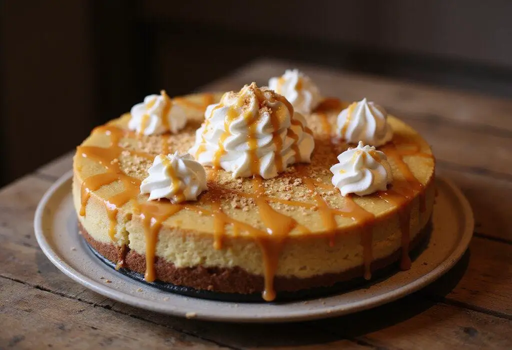 Final presentation of Hogsmeade Deep-Dish Butterbeer Cheesecake with Butterscotch Cream on a wooden table, showcasing a delectable dessert ready to be served.