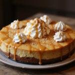 Final presentation of Hogsmeade Deep-Dish Butterbeer Cheesecake with Butterscotch Cream on a wooden table, showcasing a delectable dessert ready to be served.