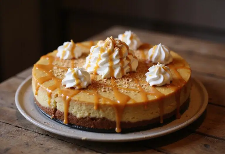 Final presentation of Hogsmeade Deep-Dish Butterbeer Cheesecake with Butterscotch Cream on a wooden table, showcasing a delectable dessert ready to be served.