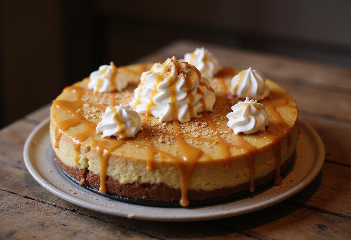 Final presentation of Hogsmeade Deep-Dish Butterbeer Cheesecake with Butterscotch Cream on a wooden table, showcasing a delectable dessert ready to be served.