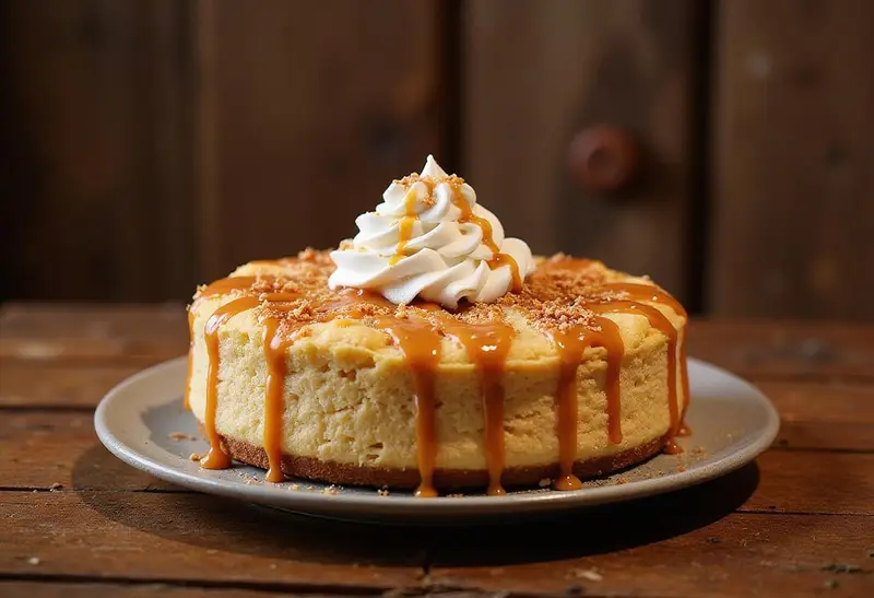 Final presentation of Hogsmeade Deep-Dish Butterbeer Cheesecake with Butterscotch Cream on a wooden table, showcasing a delectable dessert ready to be served.