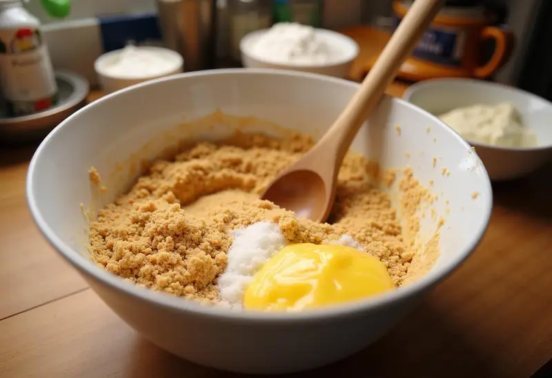 Preparation of crust for Hogsmeade Deep-Dish Butterbeer Cheesecake with Butterscotch Cream using crushed graham crackers and butter in a cozy kitchen.