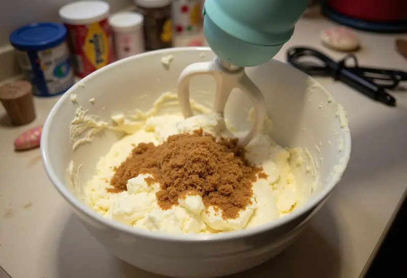 Mixing cream cheese and brown sugar for the filling of Hogsmeade Deep-Dish Butterbeer Cheesecake with Butterscotch Cream in a warm kitchen environment.