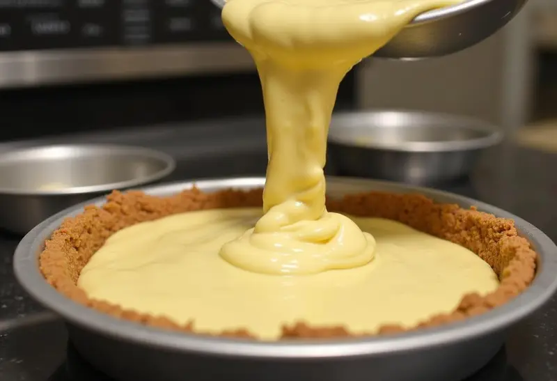 Pouring the creamy filling into the crust for Hogsmeade Deep-Dish Butterbeer Cheesecake with Butterscotch Cream in a delightful kitchen setting.