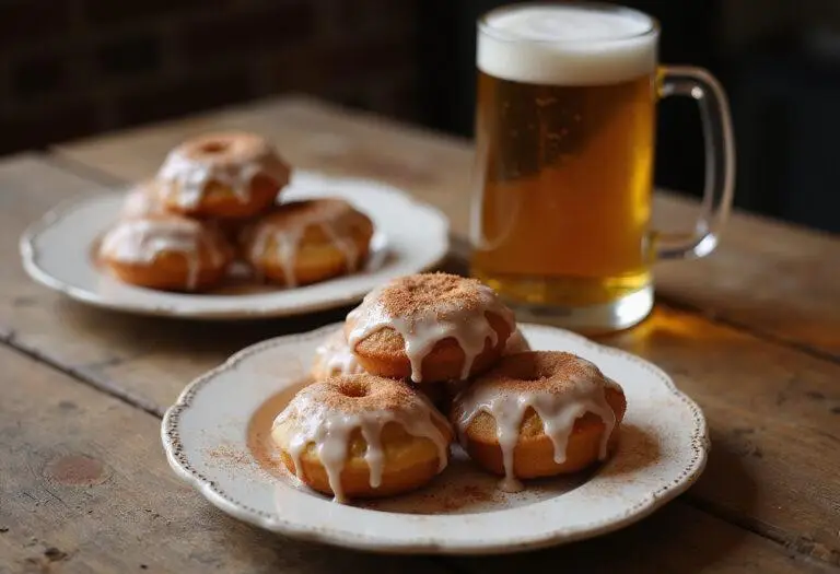 Plate of Hogwarts Hearth Baked Butterbeer Donuts, glazed and garnished, displayed with a warm mug of butterbeer, capturing the magical dessert experience.