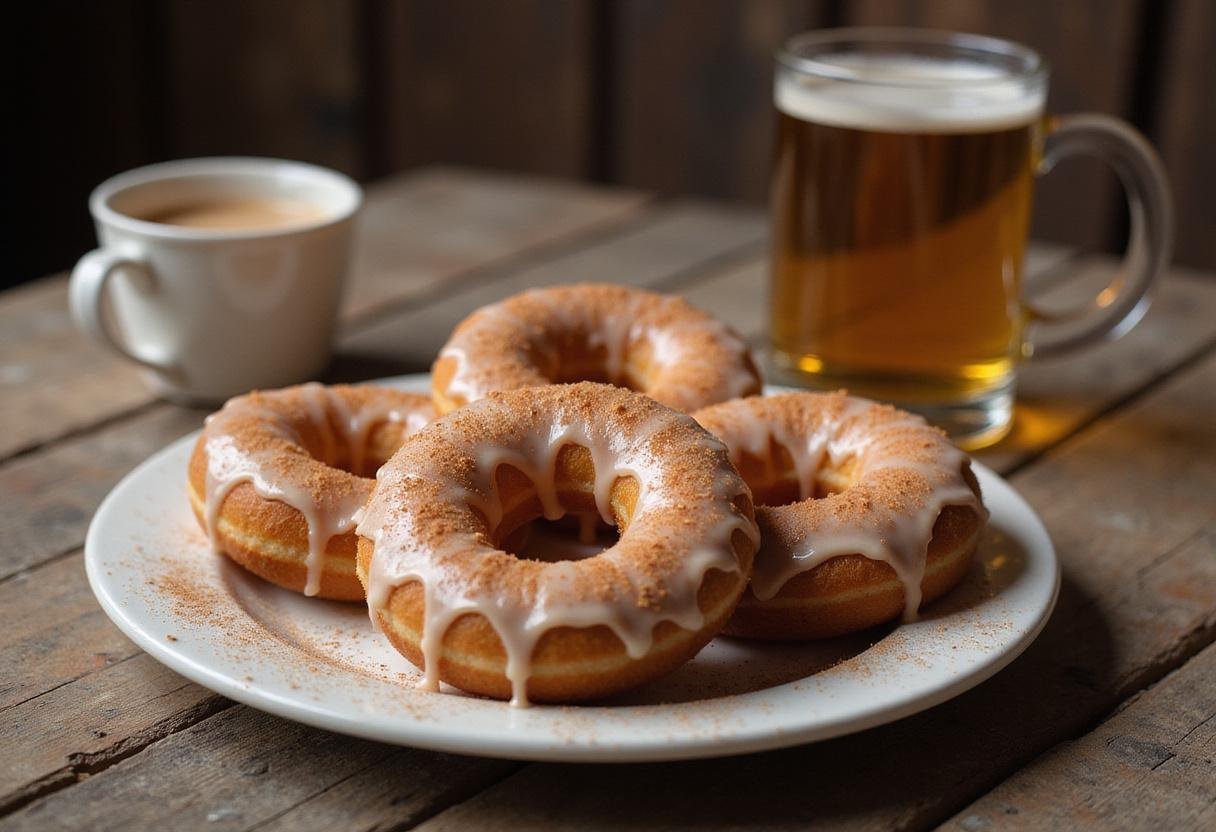 Plate of Hogwarts Hearth Baked Butterbeer Donuts, glazed and garnished, displayed with a warm mug of butterbeer, capturing the magical dessert experience.