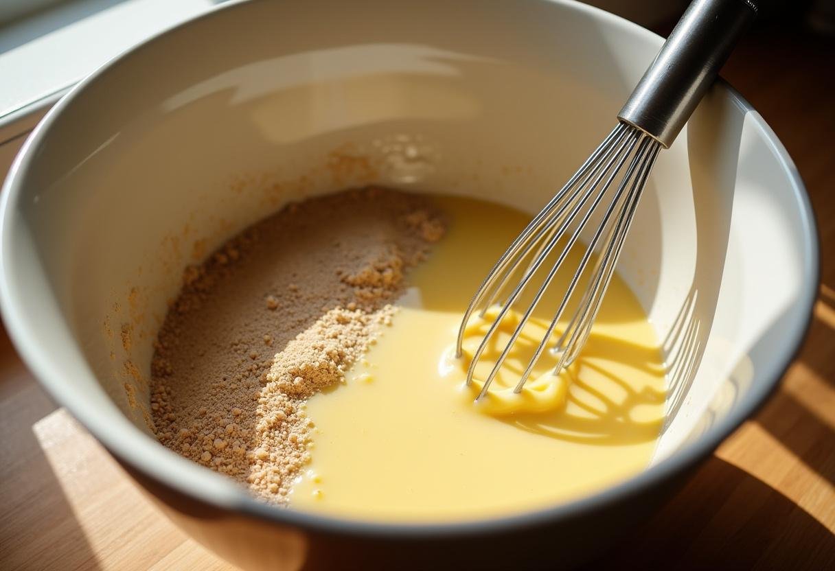 Whisking together ingredients for Hogwarts Hearth Baked Butterbeer Donuts, featuring melted butter and cream soda, showcasing the mixture preparations.