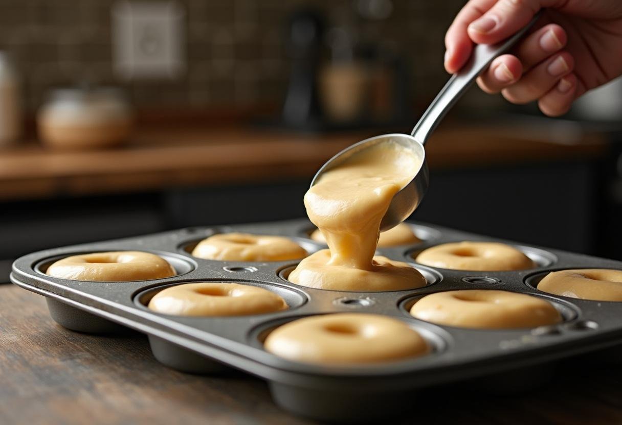 Pouring batter into a donut pan for Hogwarts Hearth Baked Butterbeer Donuts, highlighting the thick and creamy texture of the mixture ready for baking.