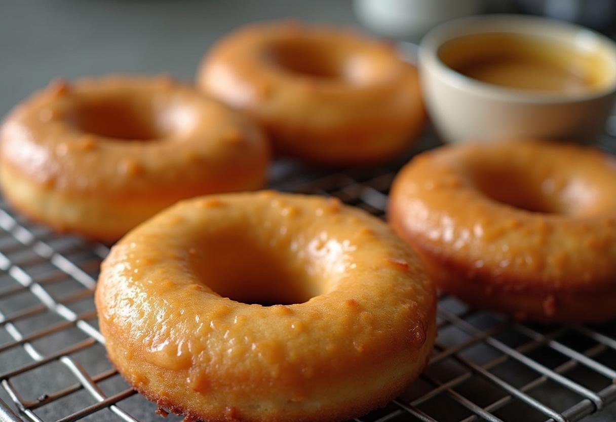 Cooling freshly baked Hogwarts Hearth Baked Butterbeer Donuts on a wire rack, with butterscotch glaze ready for drizzling, showcasing the enticing dessert.