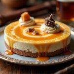 Finished Hogwarts Houses Crest Butterbeer Swirl Cheesecake beautifully displayed with butterscotch sauce and Harry Potter themed decor, perfect for fans.