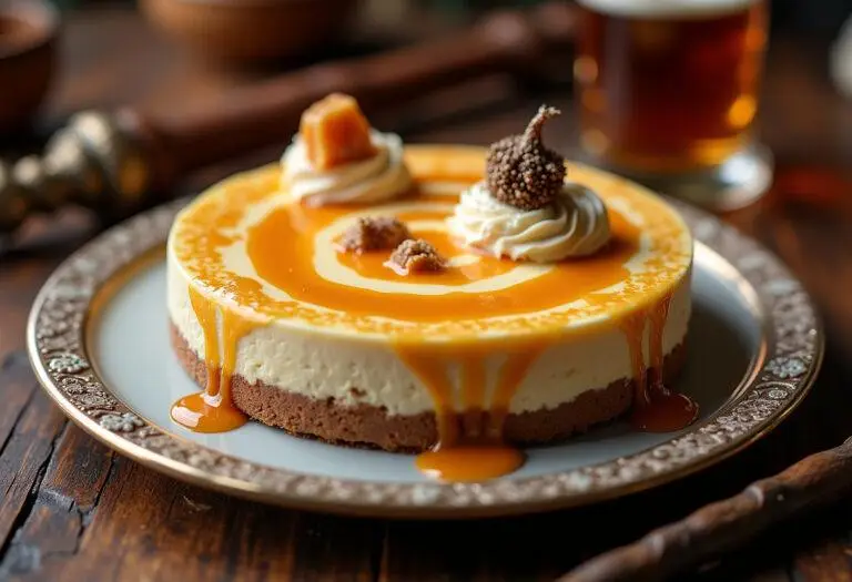 Finished Hogwarts Houses Crest Butterbeer Swirl Cheesecake beautifully displayed with butterscotch sauce and Harry Potter themed decor, perfect for fans.