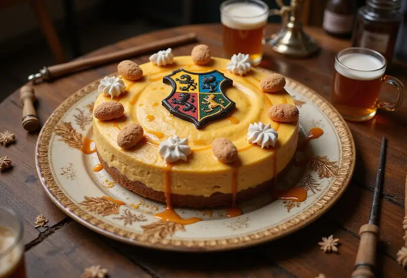Finished Hogwarts Houses Crest Butterbeer Swirl Cheesecake beautifully displayed with butterscotch sauce and Harry Potter themed decor, perfect for fans.