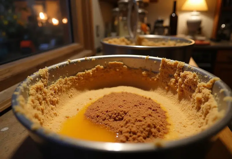 Hogwarts Houses Crest Butterbeer Swirl Cheesecake crust preparation with graham crackers and melted butter in a warm kitchen.