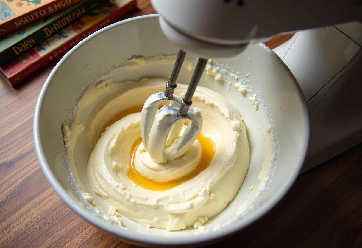 Whipping cream cheese and sugar for the filling of Hogwarts Houses Crest Butterbeer Swirl Cheesecake, inspired by Harry Potter.
