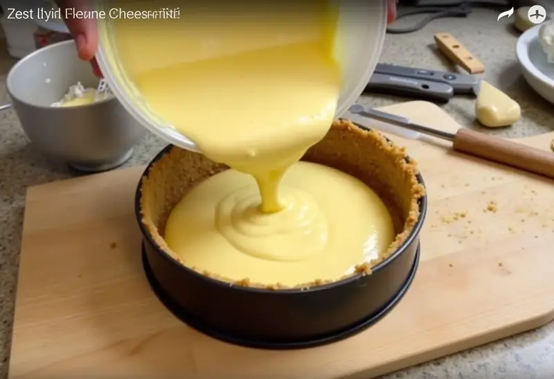 Pouring cheesecake batter into a springform pan for Hogwarts Houses Crest Butterbeer Swirl Cheesecake, showcasing a cozy baking environment.
