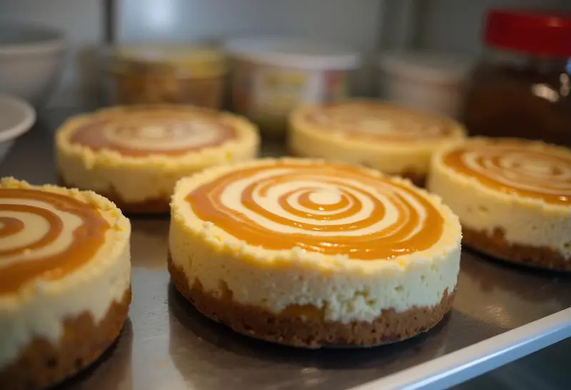 Hogwarts Houses Crest Butterbeer Swirl Cheesecake swirled with butterscotch sauce in a refrigerator, emphasizing dessert preparation.